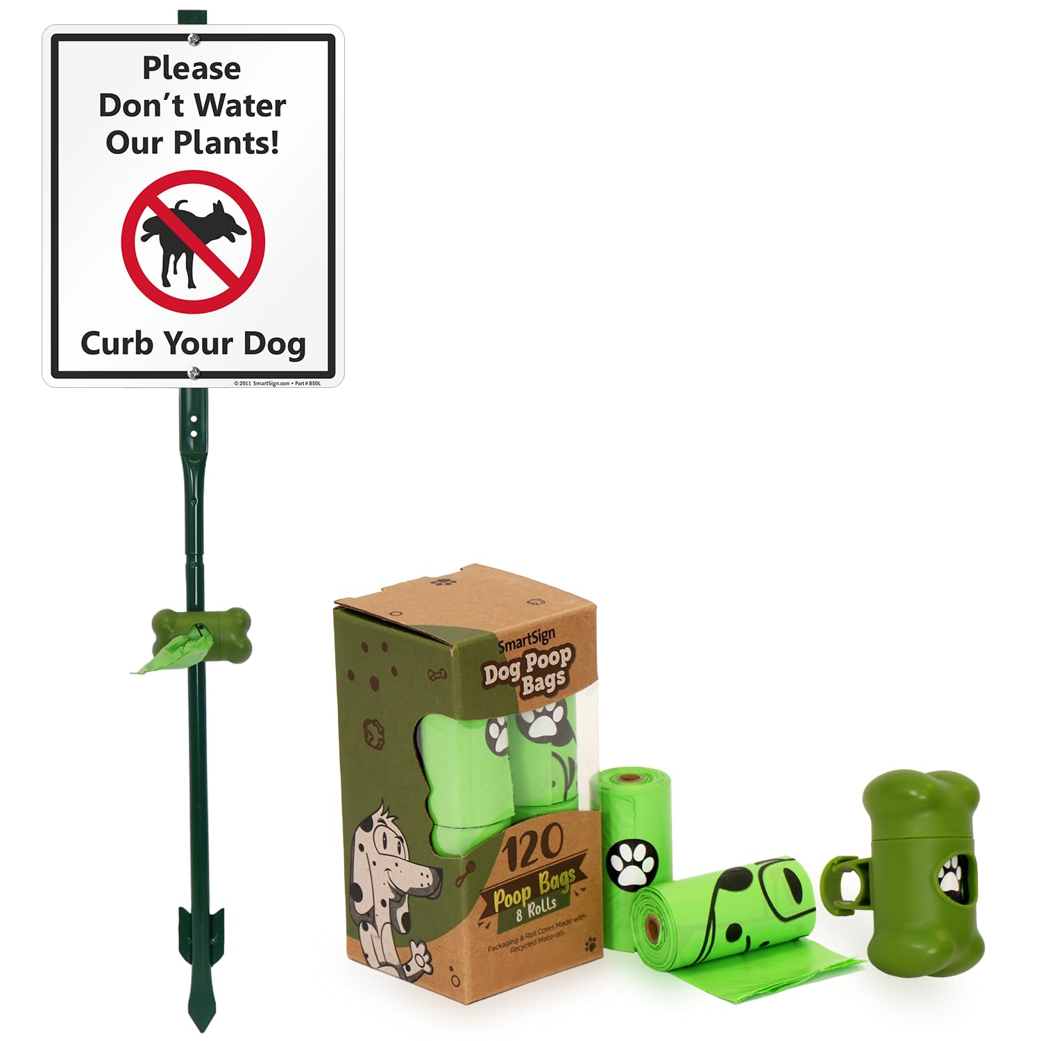 SmartSign Please Don't Water Our Plants! Curb Your Dog Yard Sign & Clip-On Preloaded Dispenser Combo/Kit with 135 Dog Poop Waste Bags, 10