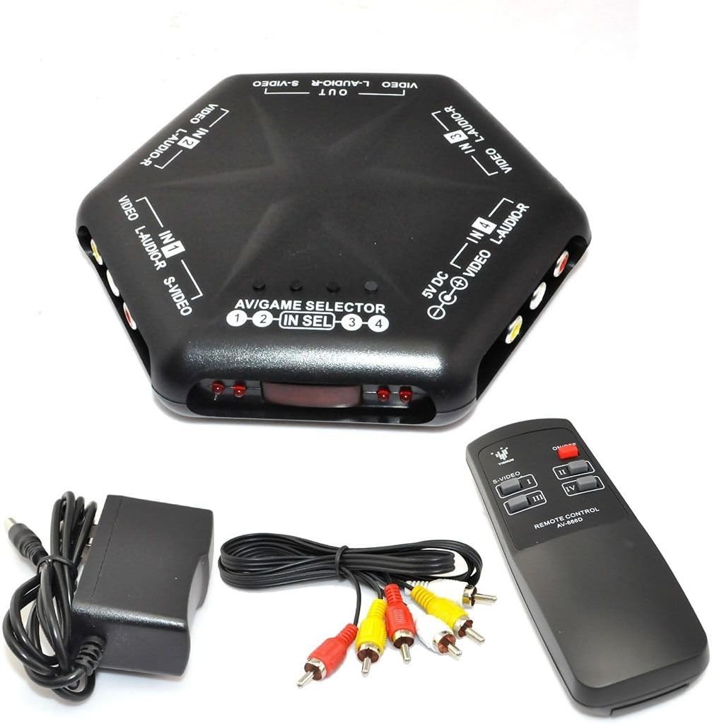 iKKEGOL 5 Ways 4 Port in 1 Out Video Audio S-Video Game AV Switch Box Selector with Remote Control Av-666d Black