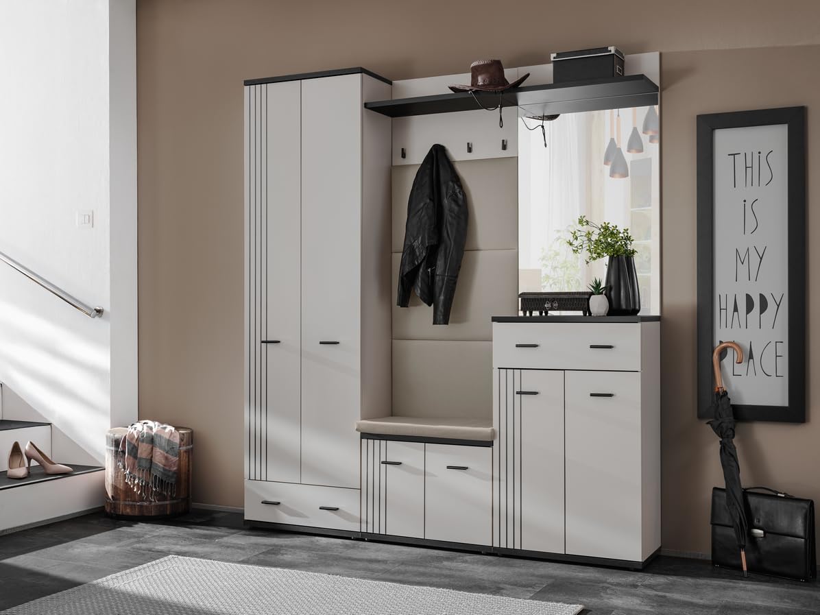 Deconation Hugo Vii - Mueble de entrada con espejo, armario y cojín de asiento, madera Mdf de cachemira y negro, 180 x 203 x 32 cm