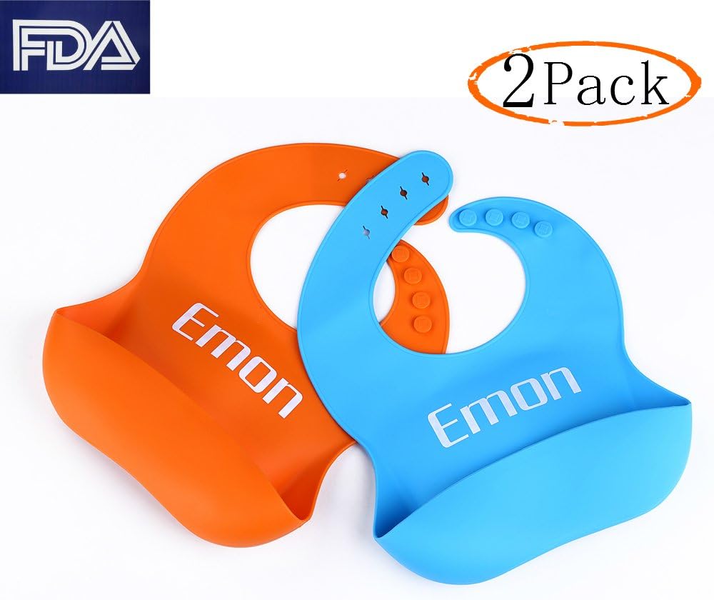 Emon Waterproof Silicone Bib Easily Wipes Clean-Comfortable Soft Baby Bibs Keep Stains Off- Spend Less Time Cleaning after Meals with Babies or Toddlers (2pack Blue & Orange)