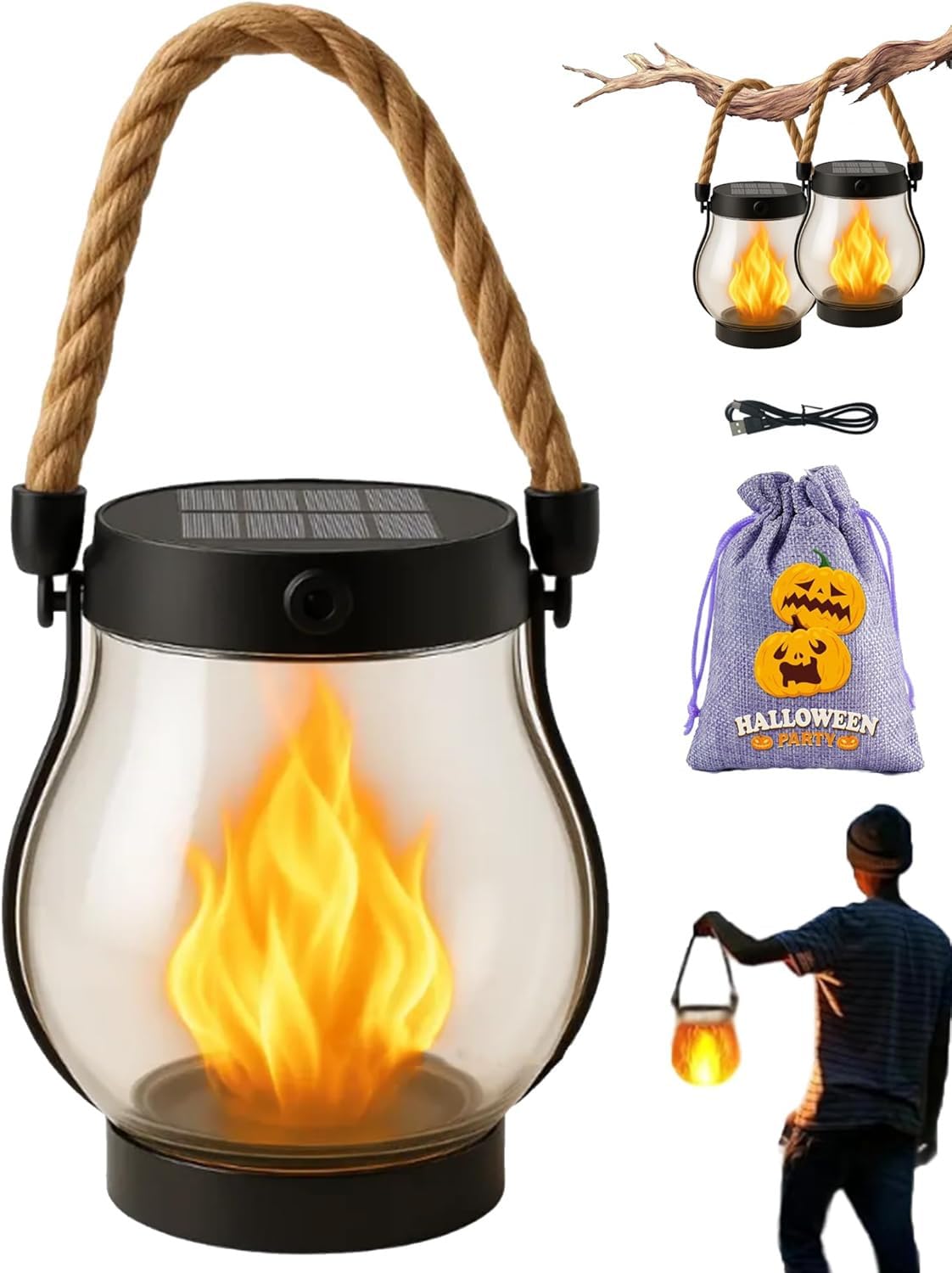 Kaliqo Solar Lantern Outdoor Lights with Dancing Flame, Waterproof Flickering Flame Solar Light for Garden Patio Camping, Hanging Decorative Solars Lantern with Hemp Rope (1pcs)