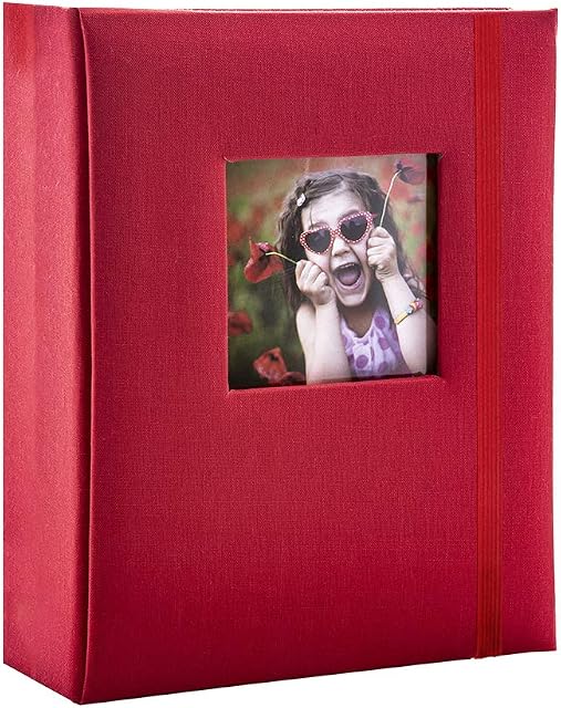 Kenro Red Linen Minimax Photo Album for 100 Photos 6x4 / 10x15cm with Space for Photograph on Front Cover, Slip-In Pages, Modern Design Great for Family Photographs, Aztec Series  AZ104RD