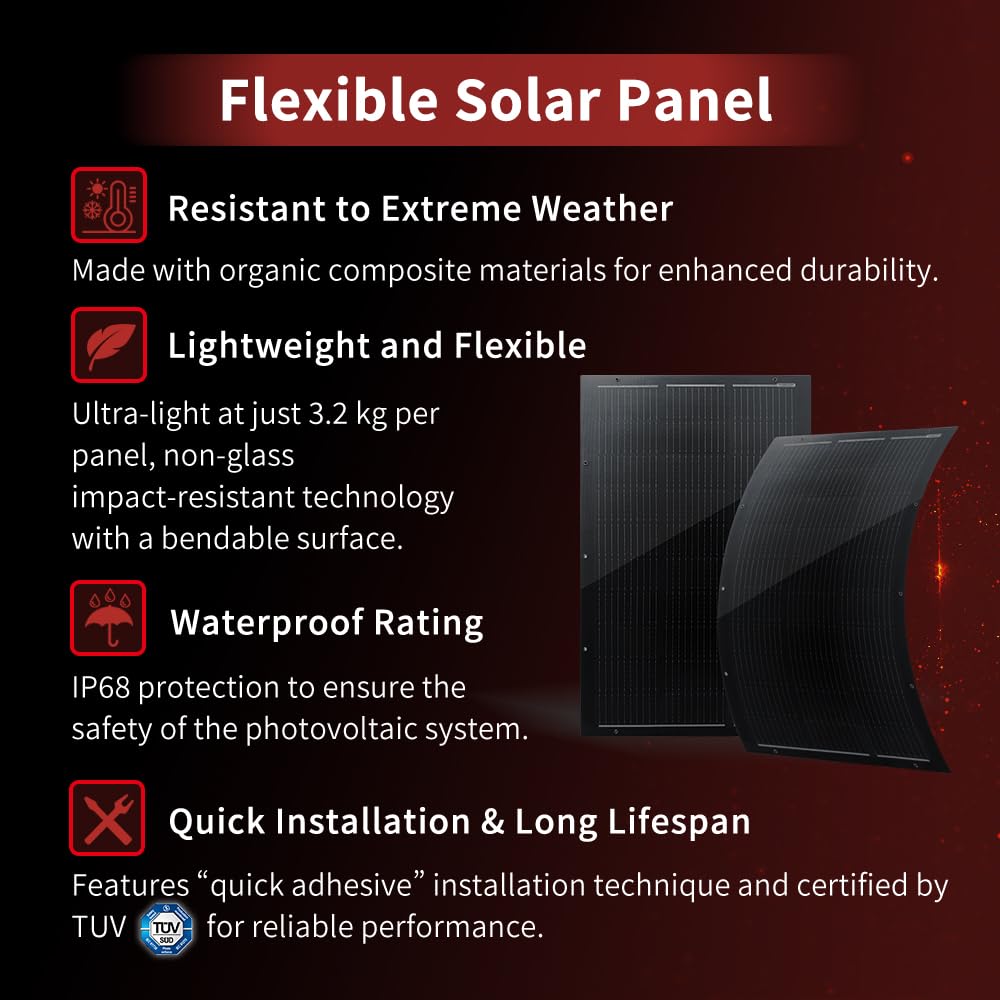 SAT-100-F8ME 200 W Set di Pannelli Solari Flessibili, 2 x 100 W | Moduli monocristallini sottili da 16,4 V, nero opaco, peso 2,2 kg, protezione IP68, forniti senza accessori di montaggio