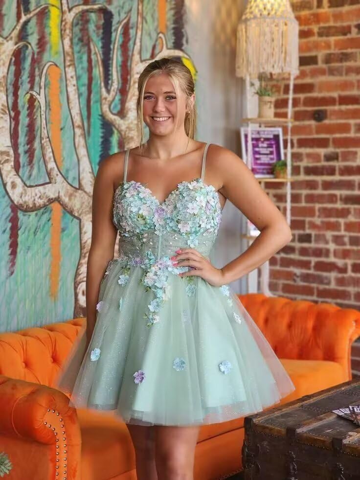 3D Floral Homecoming Dress for Teens Spaghetti Straps Puffy Tulle Short Ball Gown Quinceanera DAMA Dress2