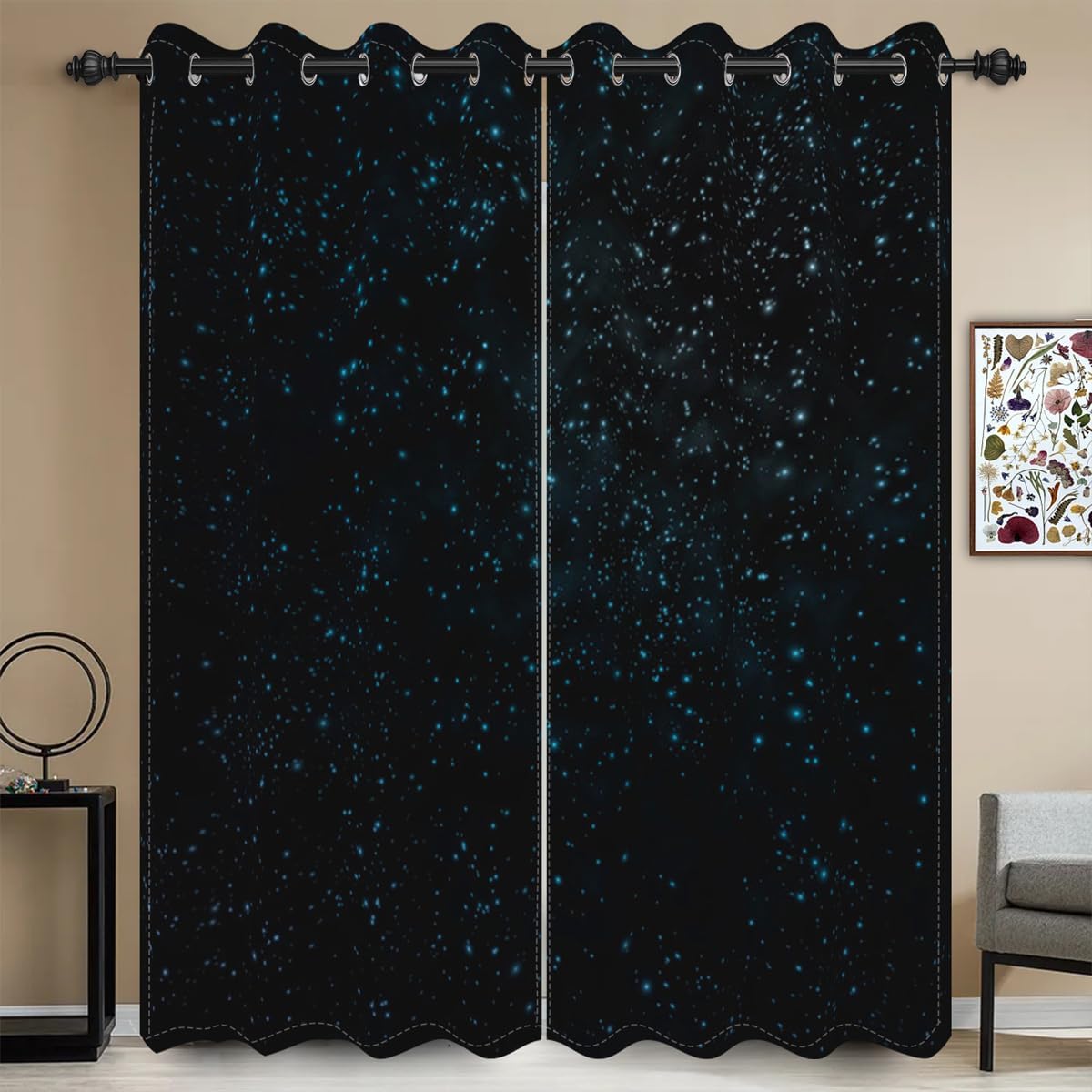 52x96 Inch Starry Sky Blackout Curtains Glowing Twinkle Blue Stars Glitter Galaxy Abstract Black Sky Night for Living Room Bedroom Window Drapes, 2 Panel Home Set with Holes