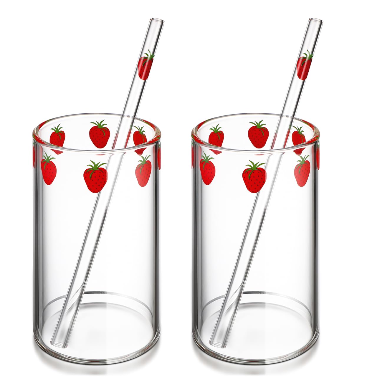 Set Di 2 Bicchieri Di Trasparente Con Motivi Di Fragola E Cannucce 300Ml Ideale Per Bevande a Casa E Ufficio