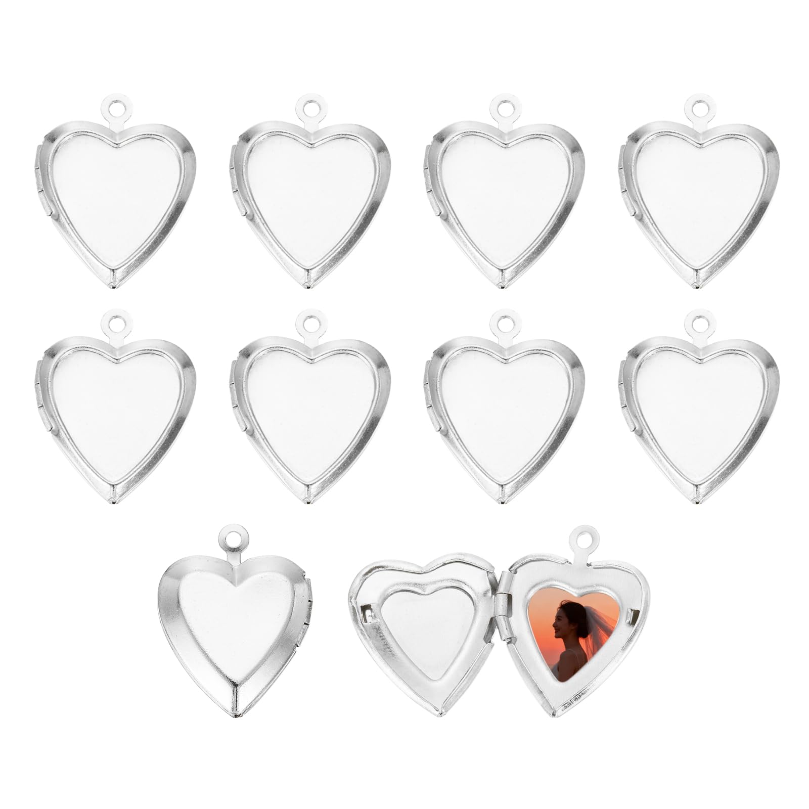 sourcing map 10Pcs Custom Photo Locket Charm, Copper Retro Simple Heart Picture Locket Pendants for Women Men DIY Memorial KeyChains Necklace Bracelet Jewelry Making, Silver Tone