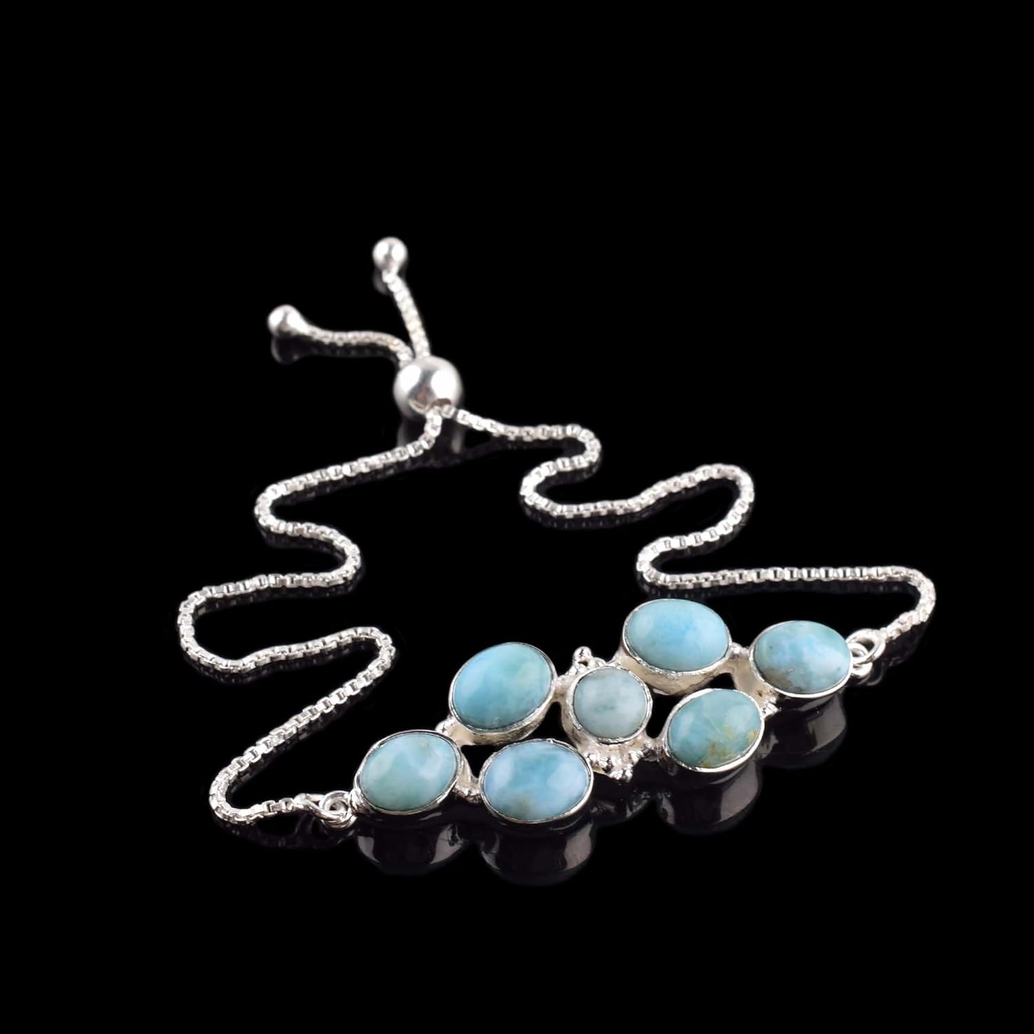 Natural Larimar Bracelet, Oval Cabochon Gemstone, Adjustable Slider Bracelets, Reiki Healing Crystals, Birthday, Gift for Her, Gemstone Jewelry for Women AAA+ Quality (larimar B)