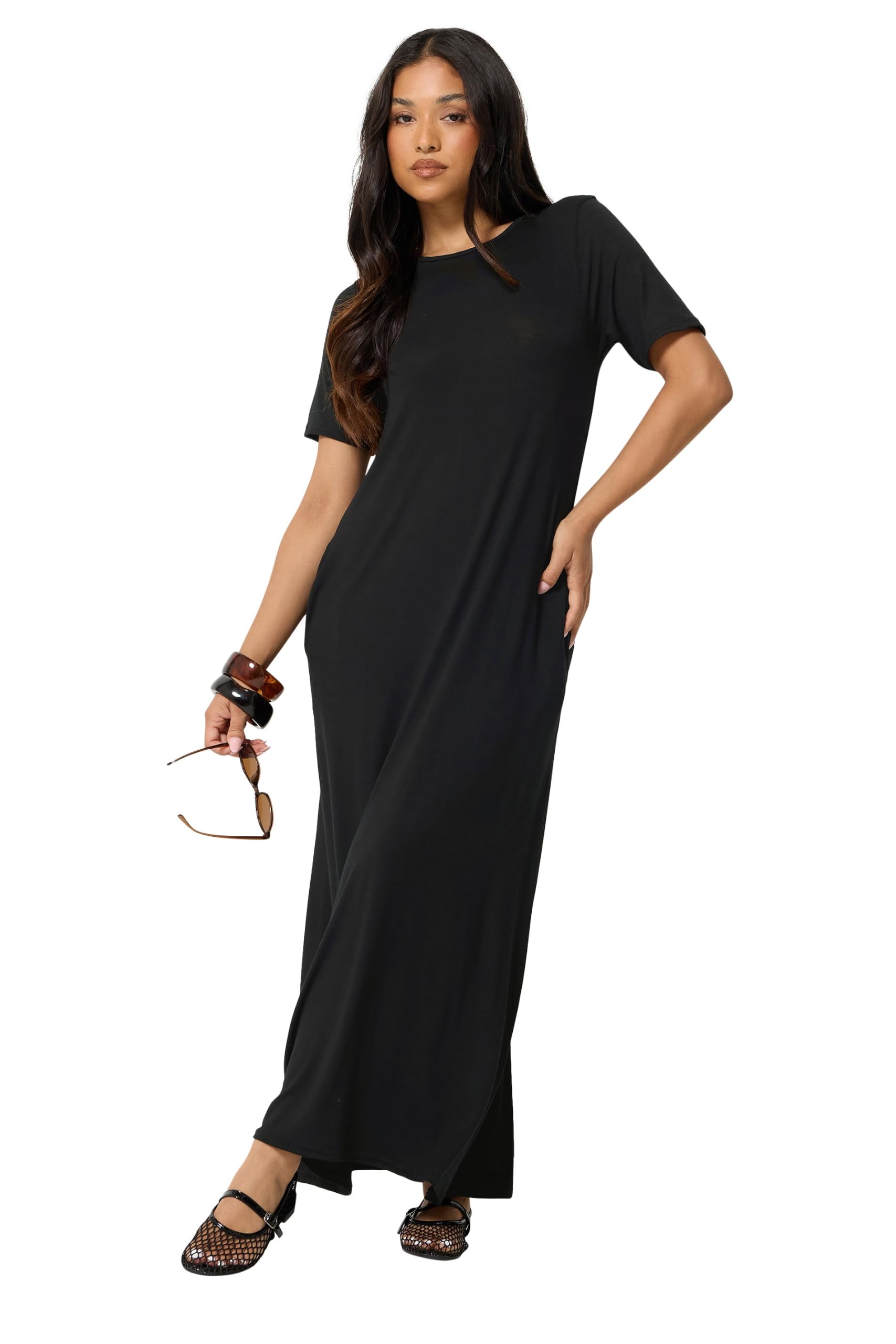 Pixiegirl Women's Black Petite Short Sleeve Tshirt Maxi Dress Size 10