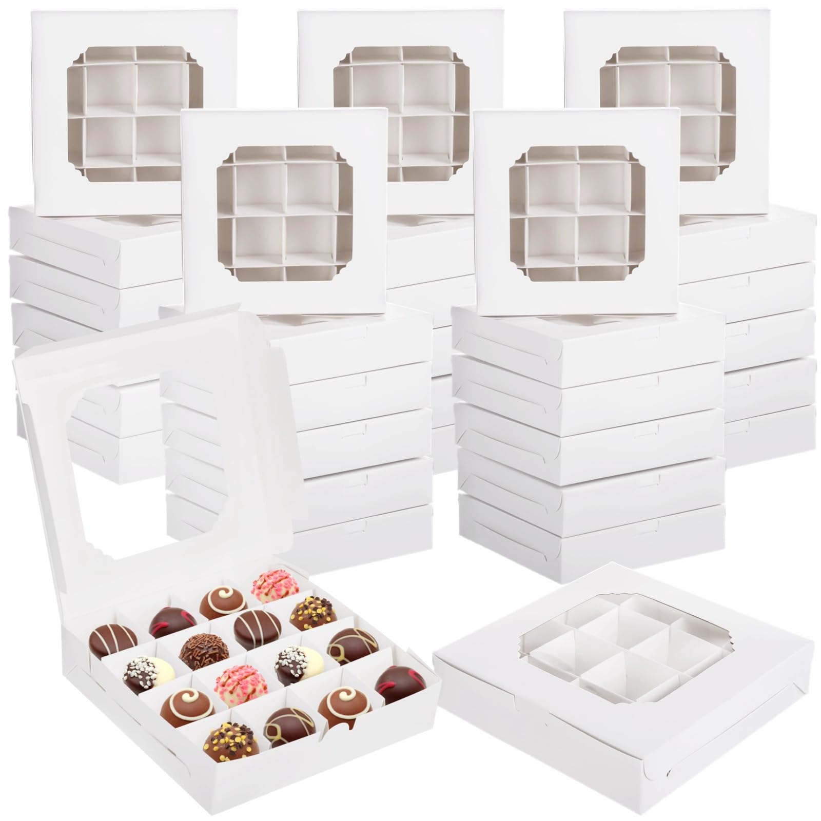 Confezione da 50 scatole vuote da dessert, bianche a 16 scomparti con coperchio trasparente, scatole di carta kraft bianca per cioccolatini, tartufi, biscotti, ideali per bomboniere di nozze e feste