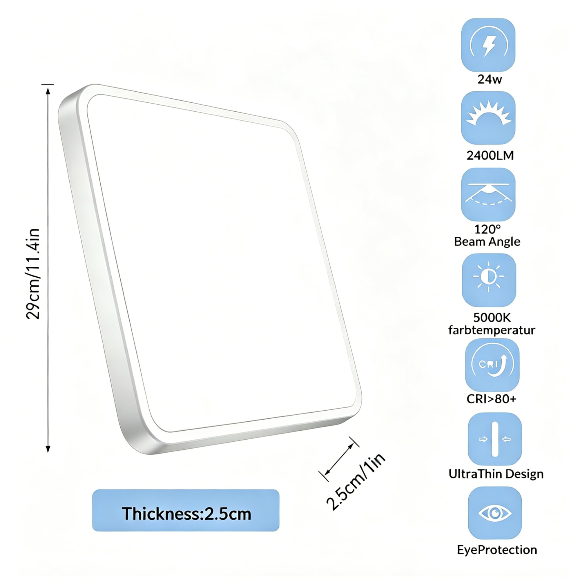 Set di 4 plafoniere a LED: plafoniera a LED quadrata, 24W, 5000K, ultrasottile (29 x 2,5 cm), ideale per bagni, camere da letto, soggiorni, cucine, cantine e balconi.