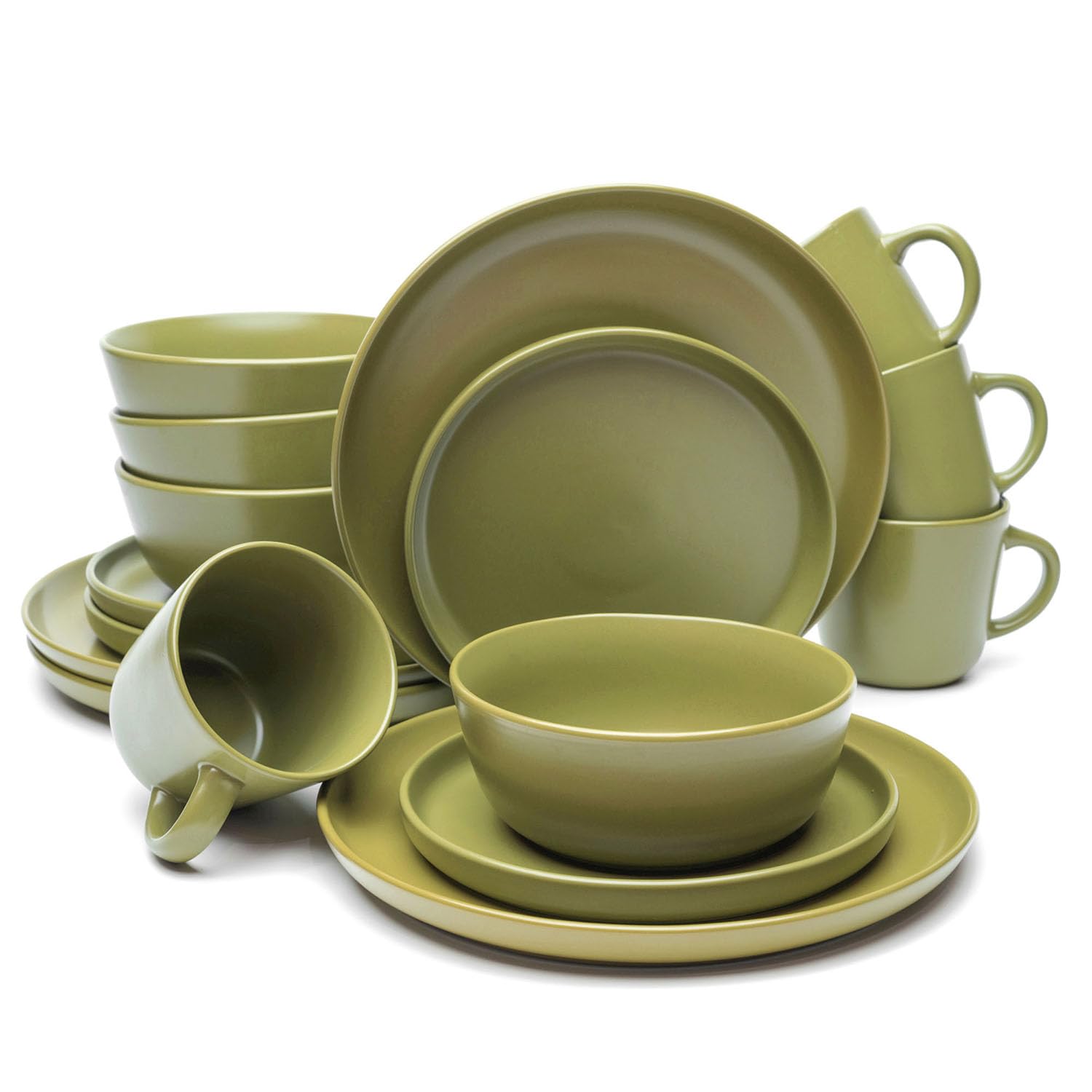MÜLLERHEIM 903 Minimalist Collection 16-Piece Contemporary Ceramic Stoneware Dinnerware Sets for 4, Matte Olive Green Plates and Bowls sets, Dinner Plates Set, Salad Dish Set, Bowls, Cup