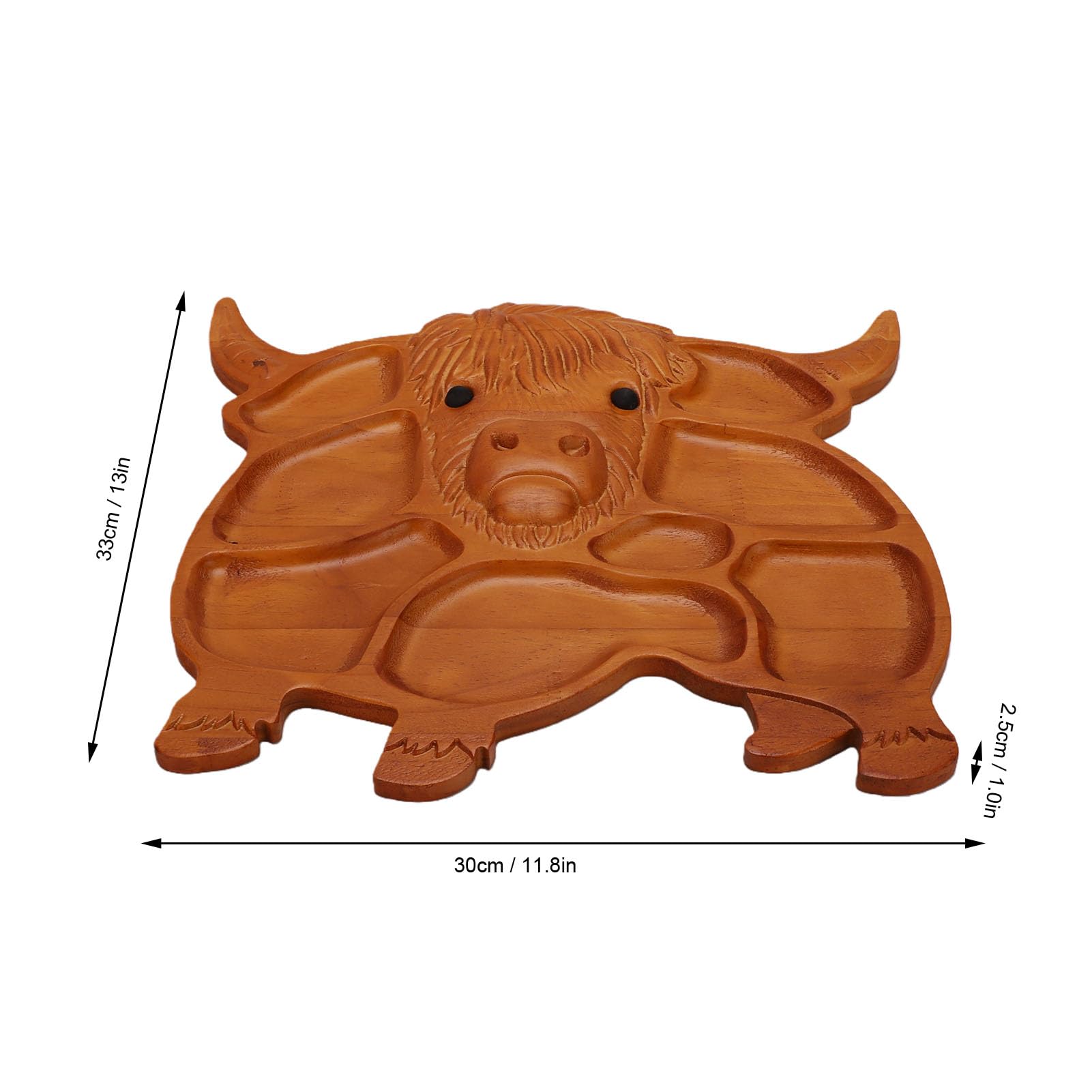 SIXRUN Tabla de Embutidos, Fuente de Madera de Pino para Servir Vaca con Detalles Tallados a Mano, Compartimentos Divididos, 11,8 X 13 X 1,0 Pulgadas para Mesa de Fiesta de Refrigerios de Frutas,