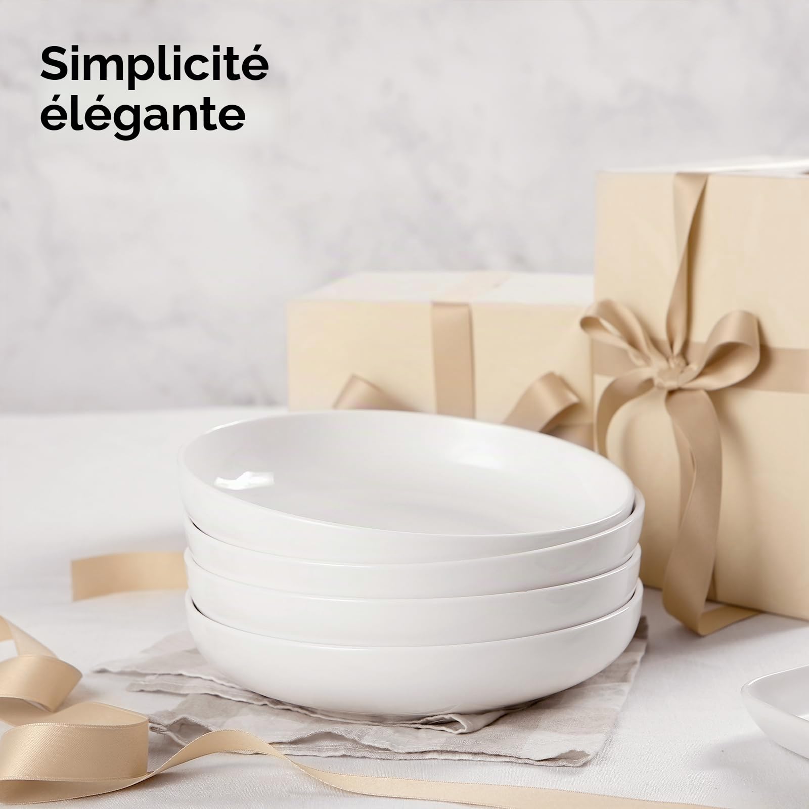 Y YHY Lot de 4 grands bols à pâtes de 24,8 cm, grands bols à salade de 1,4 l, bols de service en céramique, larges et peu profonds, passent au micro-ondes et au lave-vaisselle, blanc
