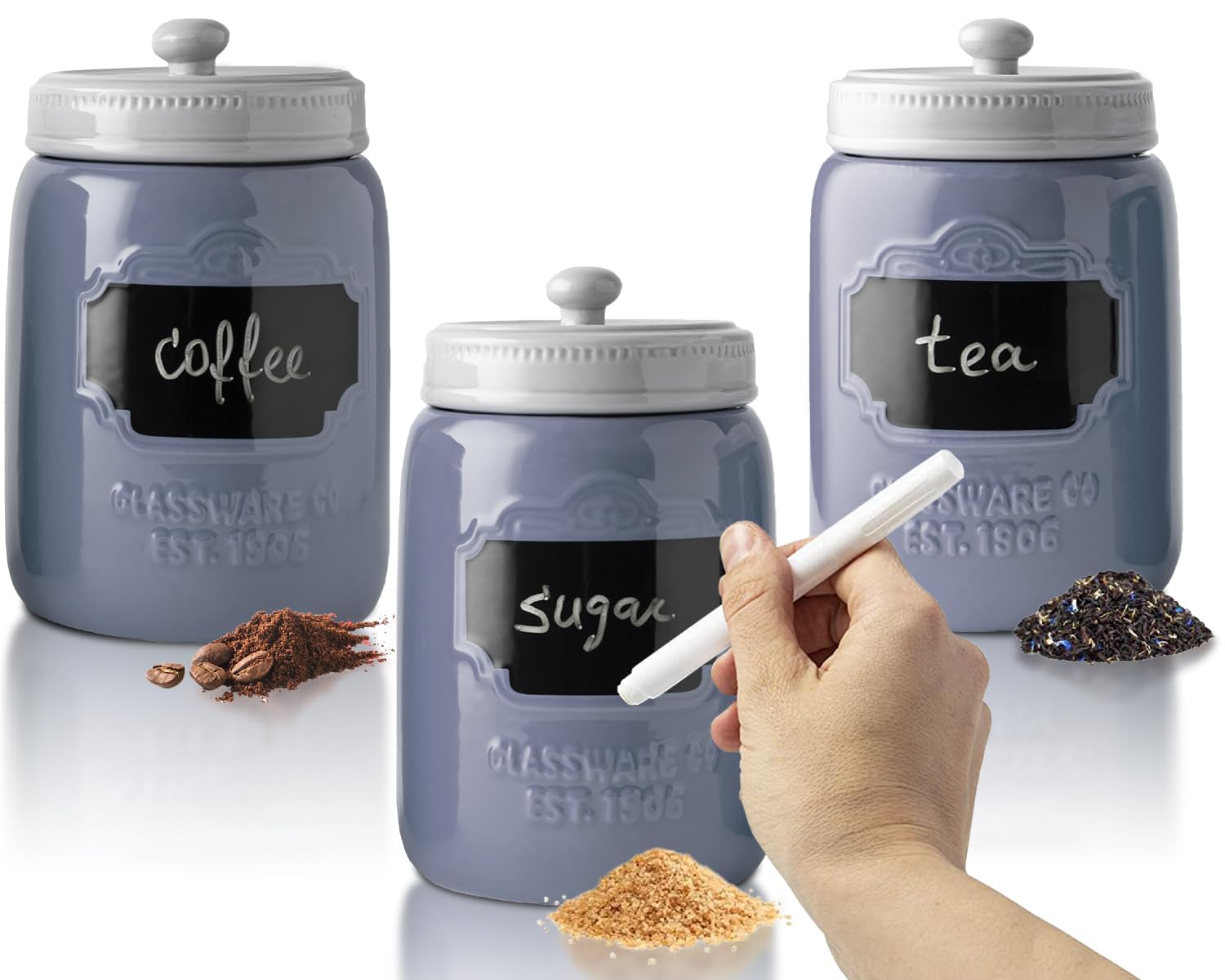 Mason Jar Ceramic Canister Set for Kitchen - Set of 3 Decorative Storage Containers with Air-Tight Lids for Coffee, Sugar & More - Country Style Storage w/Reusable Writable Surface - 12.85oz/Canister