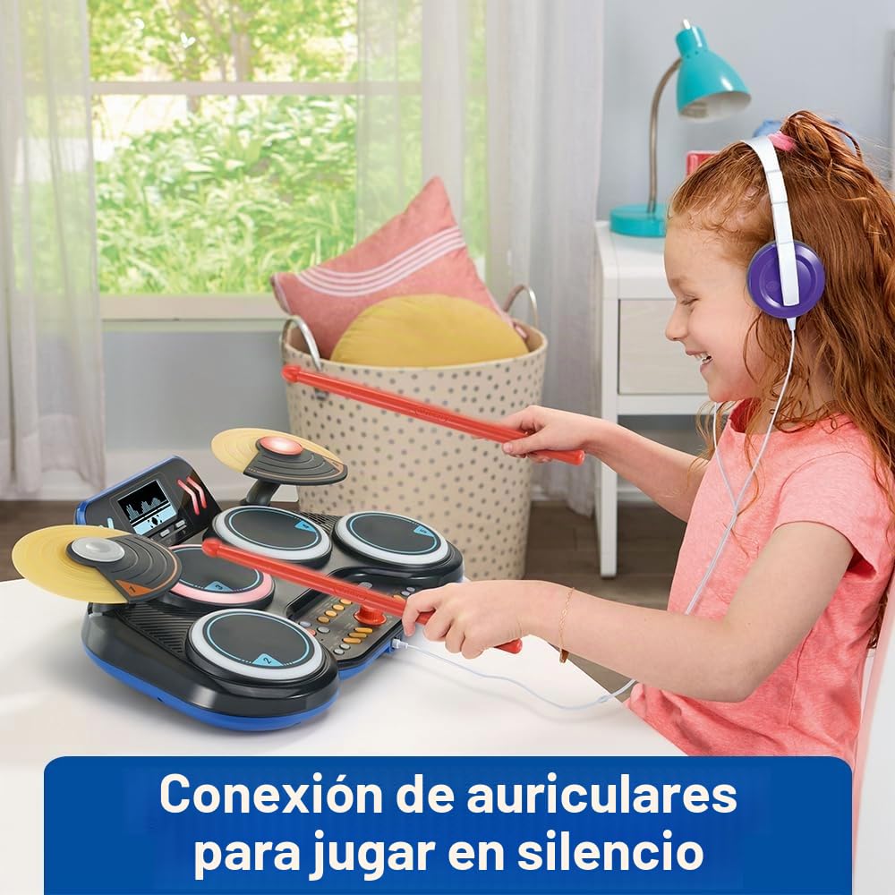 VTech Kidi DJ Drums, batería electrónica Infantil con Almohadillas Luminosas, platillos, Palillos, Bluetooth, Toma Jack para Auriculares, Aprendizaje y Juegos, Para niños a Partir de 6 años, francés