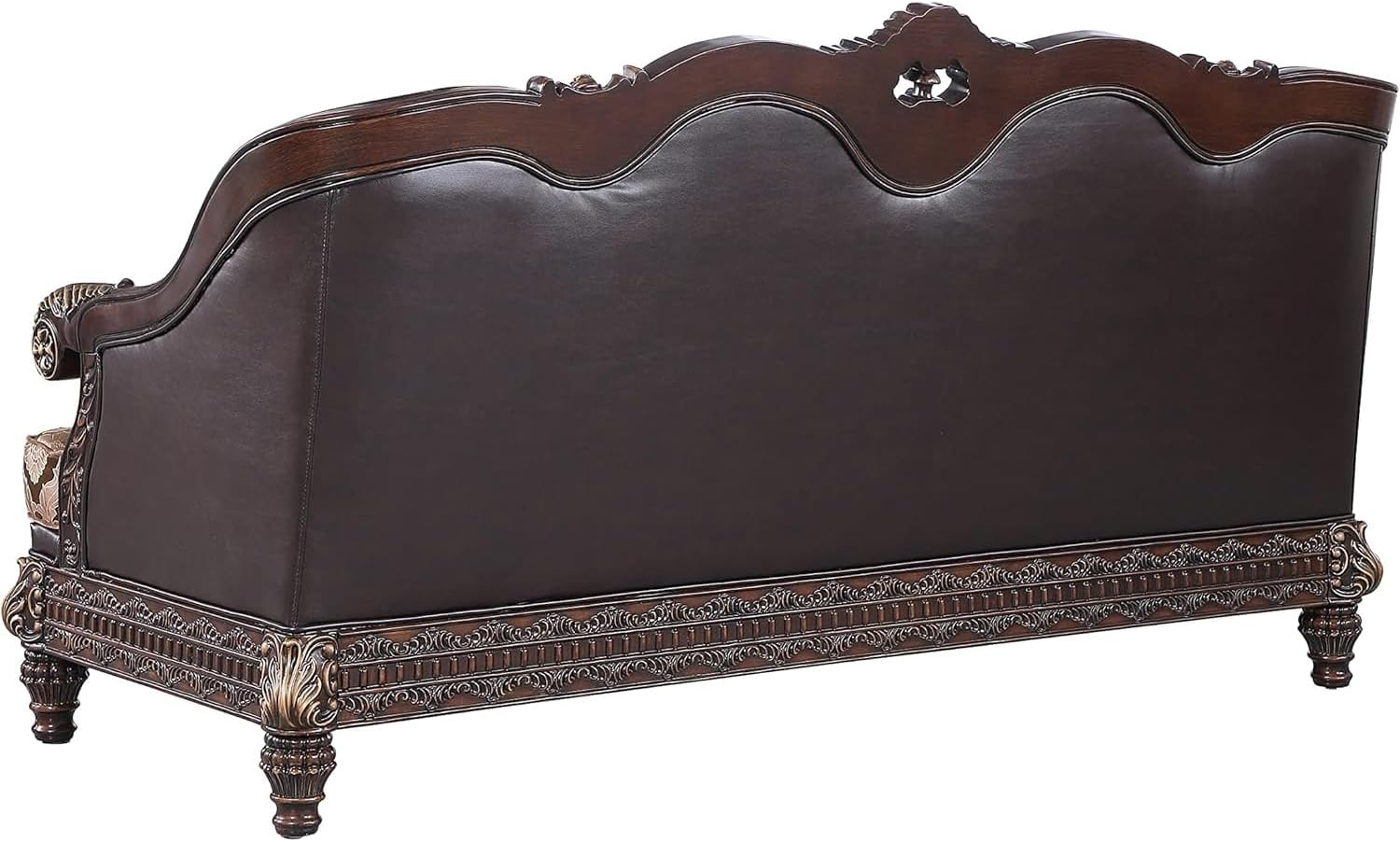Jacqueline Classic Upholstered Sofa - Cherry Wood Gold Accents Faux Leather Living Room
