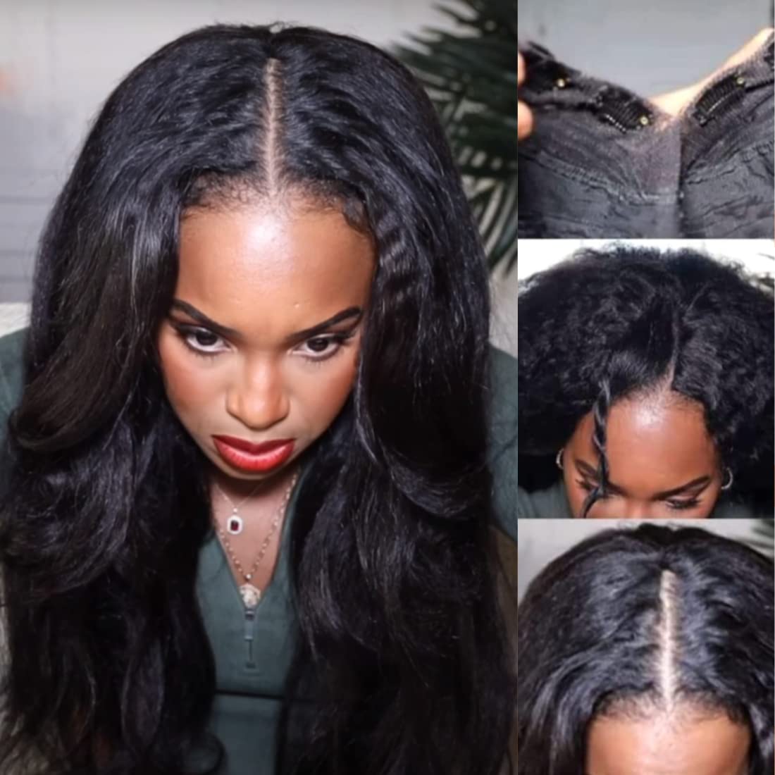 Sunber V Part Wig Kinky Straight Human Hair 10A Brazilian Vpart Wigs Glueless Full Head V Shape Clips in Half Wig 150% Density 24Inch Kinky Straight Wigs