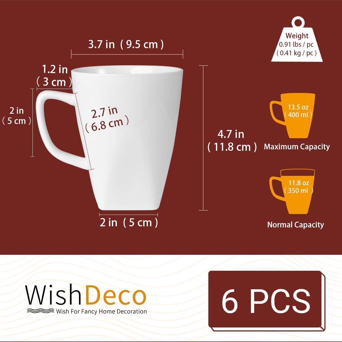 White Coffee Mugs Set of 6, Ceramic Coffee Cups 14 oz, Modern Tea Mugs, Porcelain Tea Cups, Large Mug for Latte, Cappuccino, Milk, Juice, Cocoa, Square Bottom, Microwave and Dishwasher Safe - Image 3