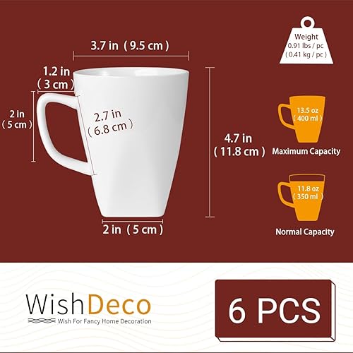 Vista 3 de Juego de 6 tazas de café blancas, tazas de café de cerámica de 14 onzas, tazas de té modernas, tazas de té de porcelana, taza grande para latte