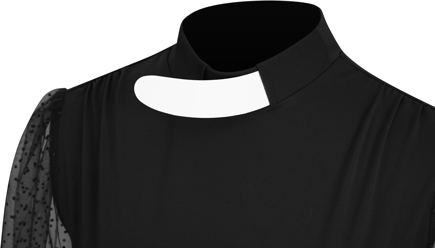 Black Short Sheer Sleeve Church Shirt Clergy Tab Insert Collar Front Bowknot Priestess Shirt - Image 2