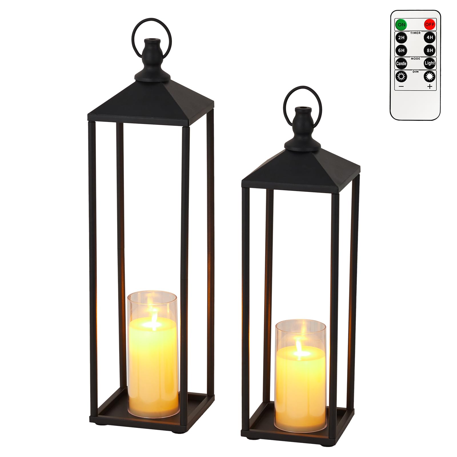 GarveeHome Set of 2 Black Metal Candle Lanterns with Flameless LED Candles - Decorative Hanging Lanterns for Garden, Patio, Fireplace Mantel - Flickering Battery Operated Lantern with 6H Timer