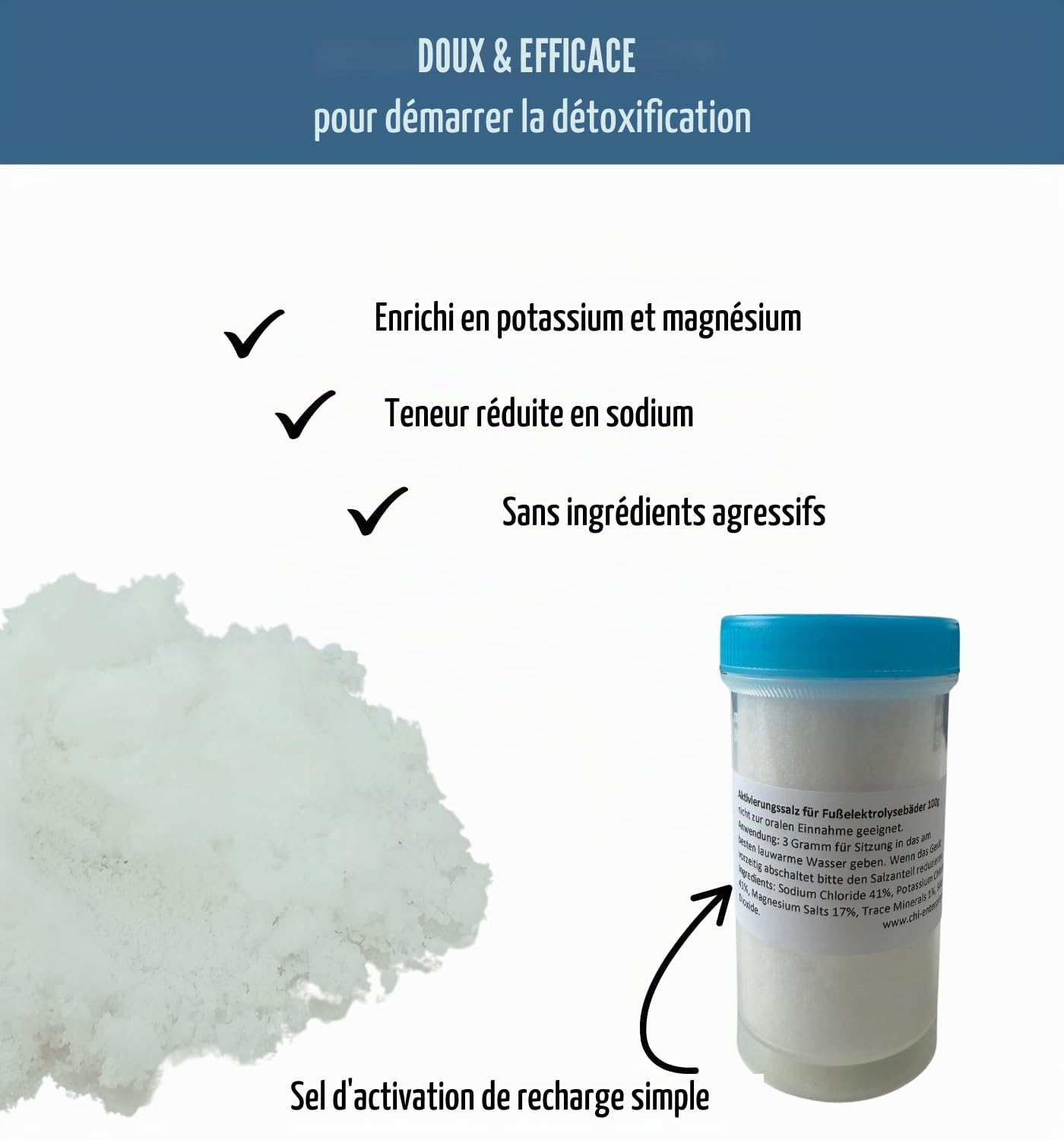 1000 g de sel activateur pour Hydrosana, Bioenergizer Detox Spa, Ion Cleanser, Royal Spa et autres bains de pieds - teneur réduite en sodium, enrichi en potassium et magnésium