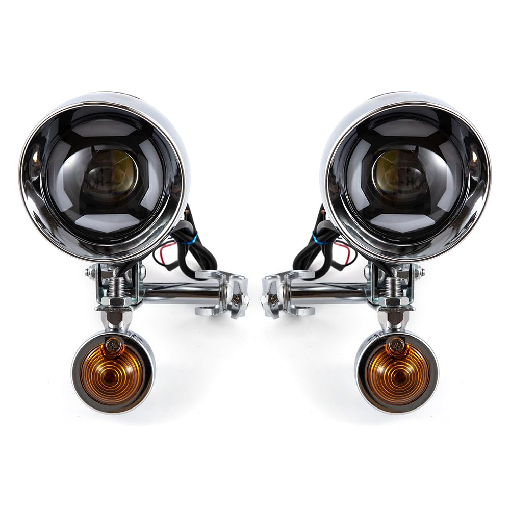 Faro anabbagliante per moto, indicatore di direzione con supporto per cruiser, chopper, cafe racer e moto custom. Gruppo ottico supplementare. (Guscio giallo)