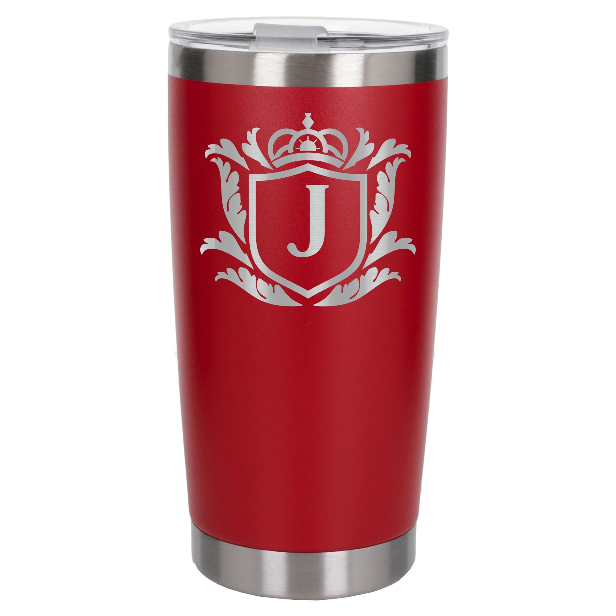 Customised Gifts 500ml Engraved Shield Initial Monogram Insulated Personalised Red Travel Mug for Men and Women - Personalised Initial Coffee Travel Mug for Hot and Cold Beverages, Letter J