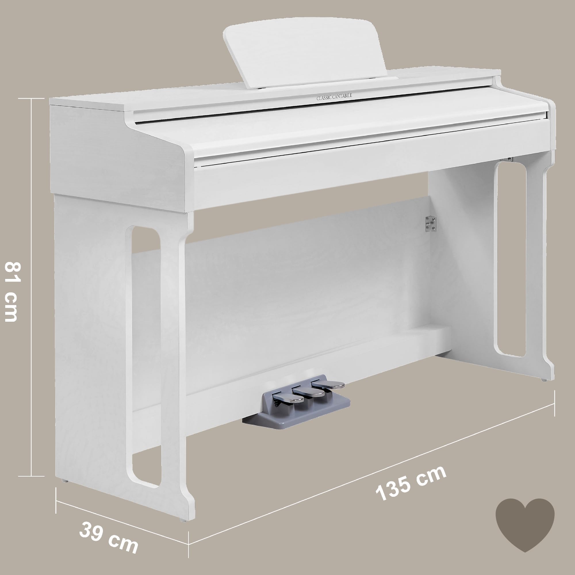 Classic Cantabile DP-220 WM E-Piano Blanco mate Set, Polifonía de 64 notas | 88 teclas ponderadas con mecanismo de martillo, Sensibilidad al tacto ajustable en 5 niveles, 10 canciones demo internas