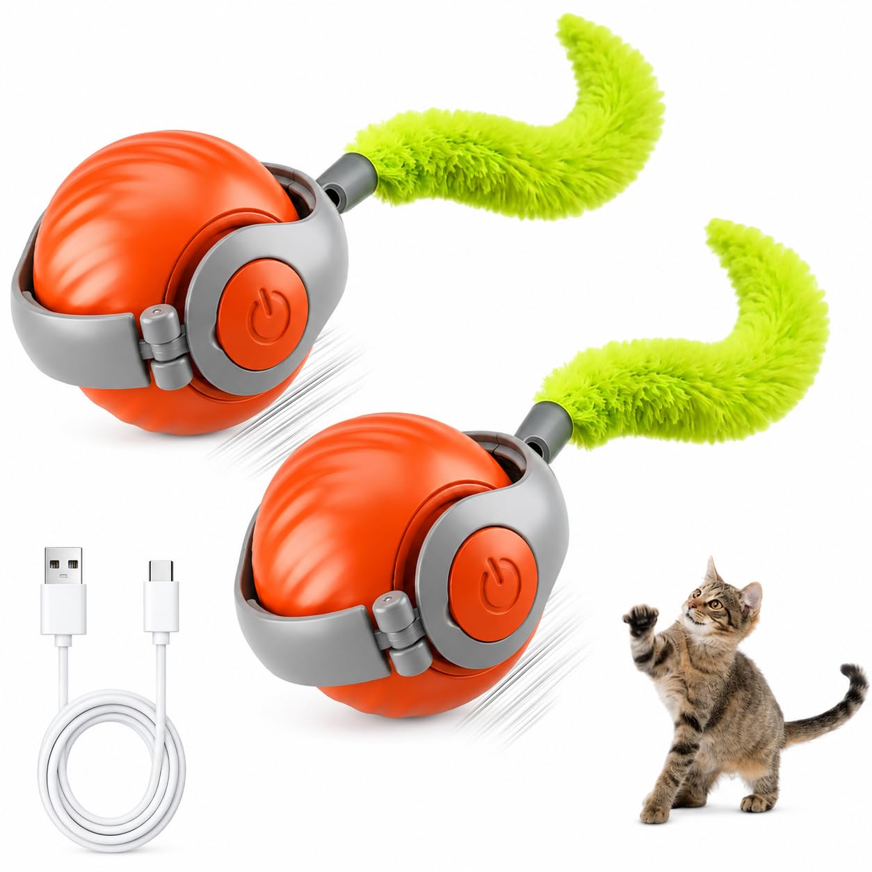 Lot 2PCS Jouet Chat Interactif Balle Interactive Chat Automatique, Jouet pour Chat Intérieur avec Queue Peluche, Jeux Chat Appartement Anti Ennui, Jouet Chat Intelligent Rechargeable, Orange