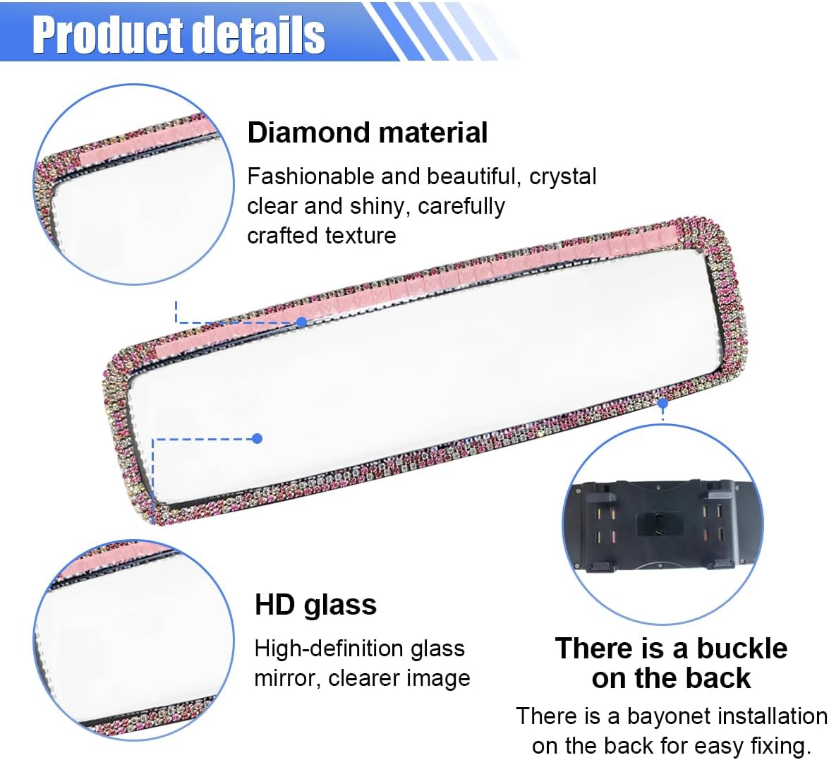 Bling Car Rear View Mirror, Clip-On Rhinestone Car Rearview Mirror with Crystal Diamonds, HD Glass Auto Interior Rear View Mirrors, Auto Decoration Accessories for Women Men Teens (Pink)