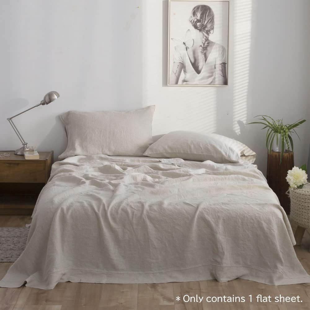 Simple&Opulence 100% Linen Sheet French Flax Flat Sheet with Embroidery Stone Washed Solid Color Soft Breathable Farmhouse Top Sheet - 1 Piece Bed Flat Sheet Only (King, Linen)