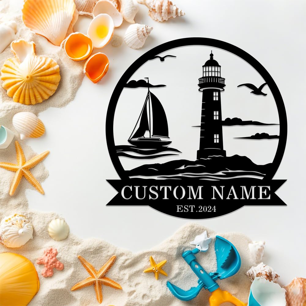 Custom Nautical Sailboat Metal Signs,Personalized Family Name Sign Lighthouse Decor Wall Art,Customized Beach House Plaque for Housewarming Sailing Gift,Home Cabin Coastal Outdoor Garden Decorate