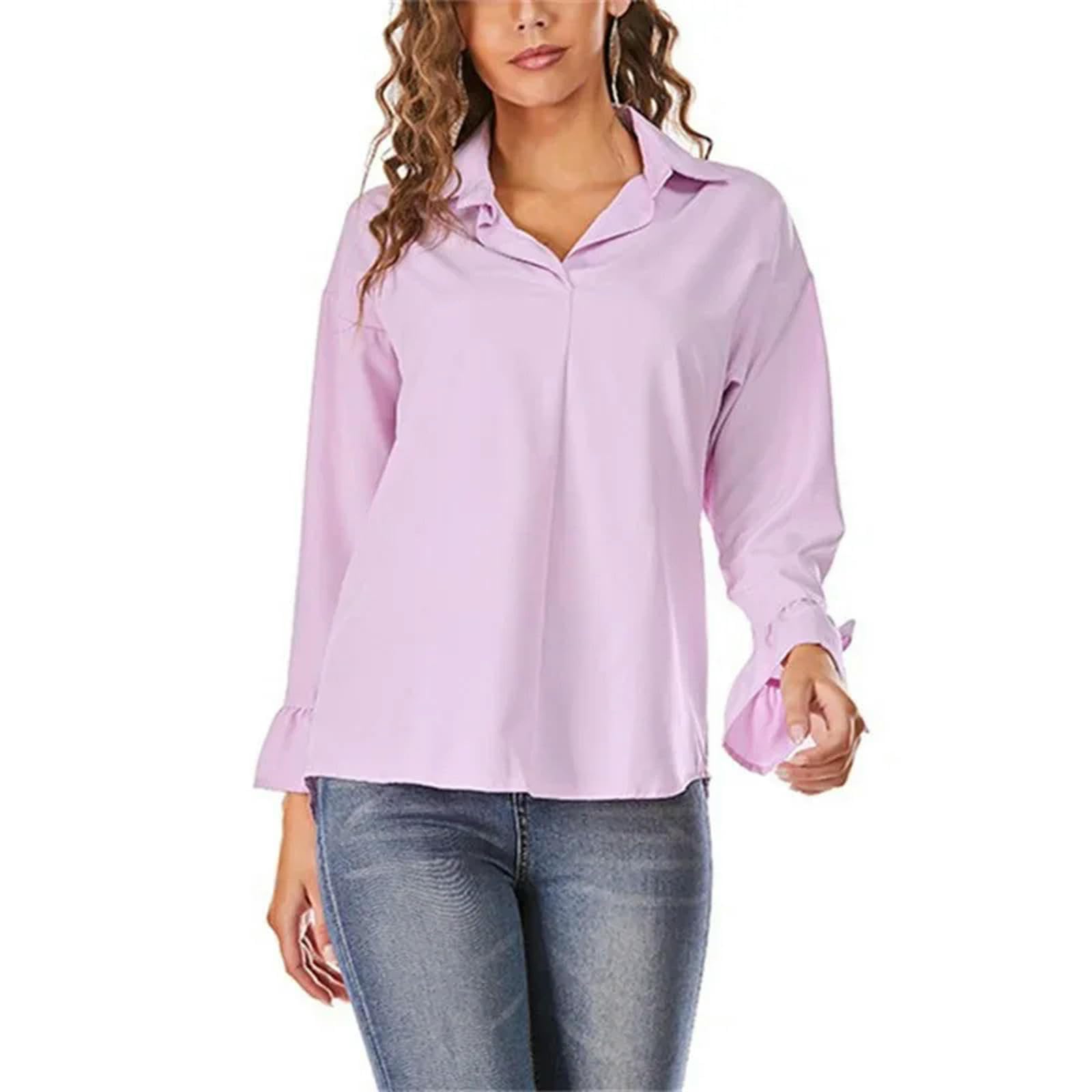 Women Flared Long Sleeve Bow Tie Decoration Lapel Pullover Shirt New Loose Blouse Female Casual Commuter Tops-Purple-XXL