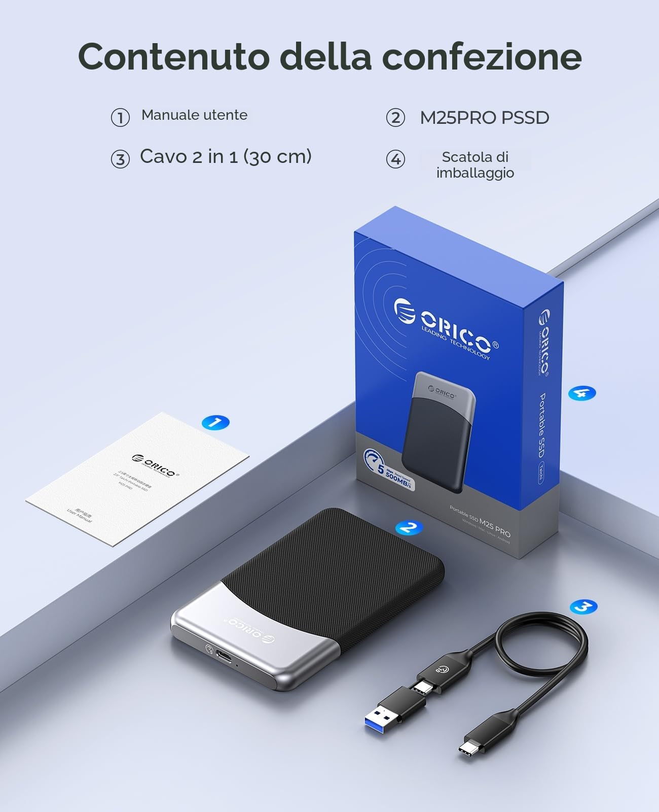 ORICO 1TB SSD esterno con cavo USB C 2 in 1, unità portatile a stato solido USB 3.2 Gen 1 fino a 460MB/s, archiviazione affidabile per smartphone USB-C, PC, tablet, Labtop - M25PRO