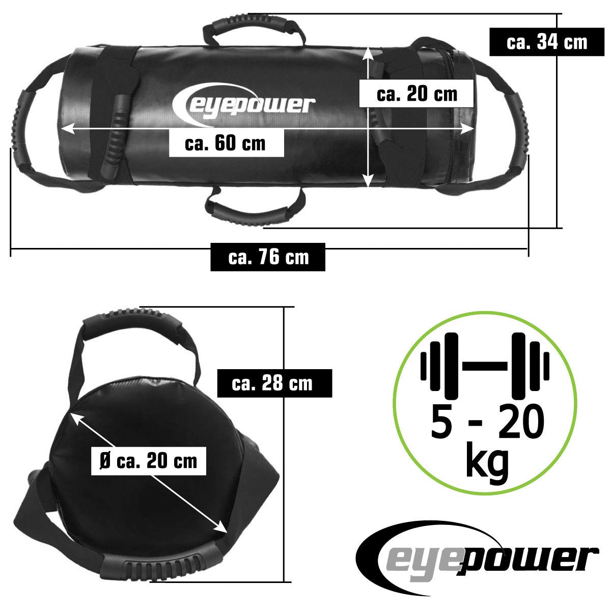 EYEPOWER Power Bag de Musculation 5-20kg 20x60cm Sandbag