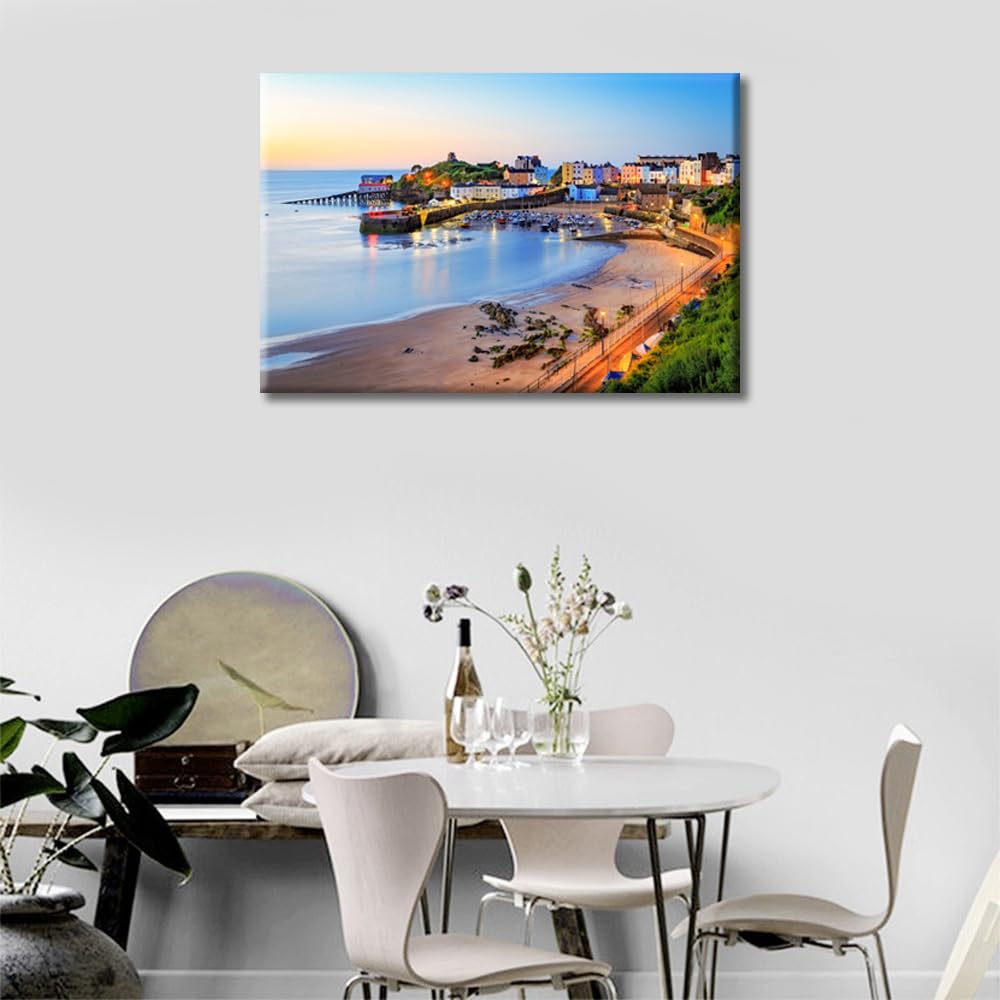 Bathroom Decor Wall Art Sunrise Wall Paintings 1 Piece Tenby Harbour Pembrokeshire Wales UK Wall Decoration for Living Room Decor Wall Pictures Stretched and Framed Ready to Hang (16''Wx 24''H) - Image 3