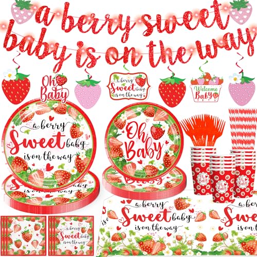 177 Pcs Strawberry Baby Shower Decorations, Berry Sweet Baby Shower Decorations A Berry Sweet Baby is on the Way Banner Tableware Hanging Swirls, Berry Sweet Baby Shower Strawberry Baby Shower Girl