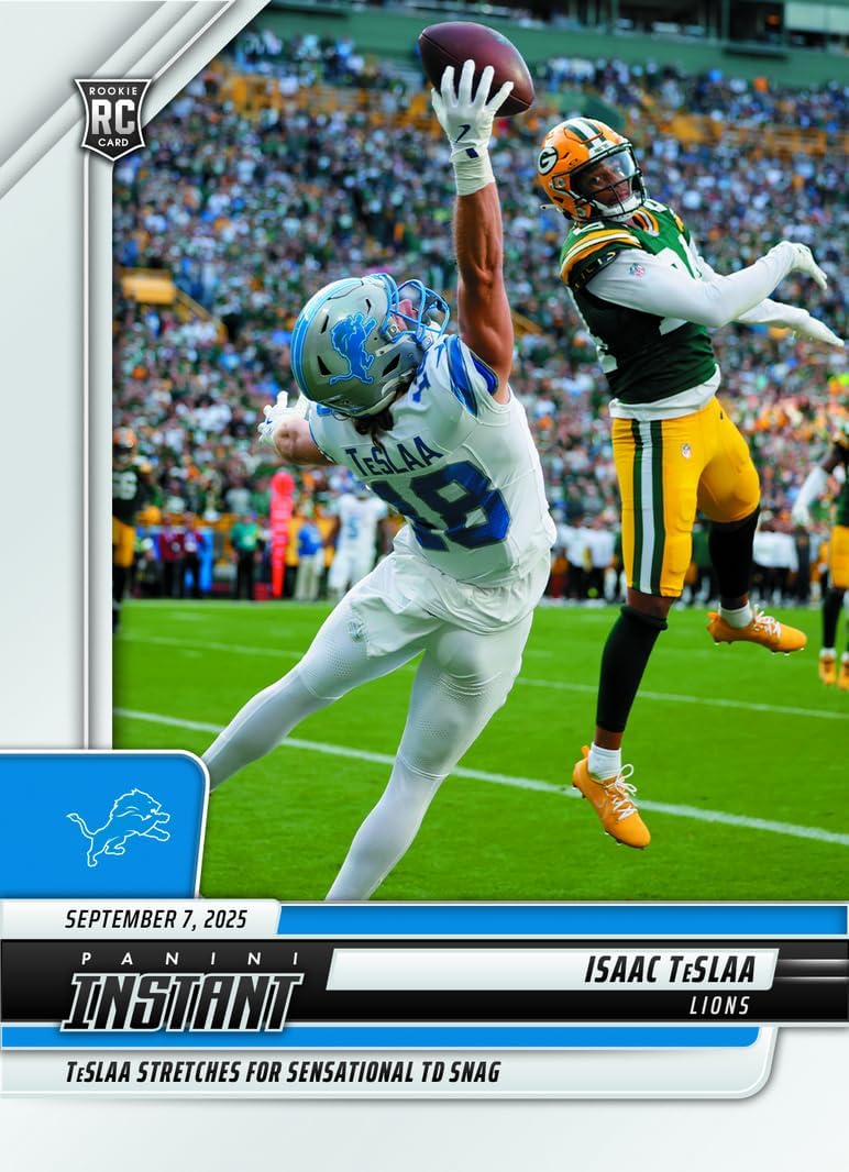 2025 Panini Instant NFL Isaac TeSlaa #65 Stretches for Sensational Touchdown Grab Detroit Lions Rookie RC Football Card