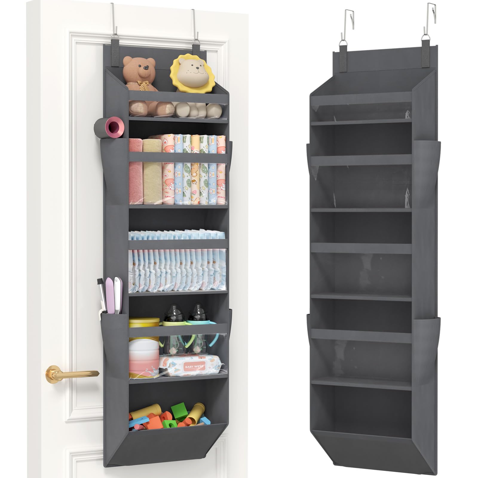 Lifewit Türorganizer Hängeorganizer, 5 Regal klar Fenster hängende Lagerung mit 4 Seitentaschen, Tür Organizer, Hängeaufbewahrung Benutzt für Bad, Schlafzimmer, Wohnheim, Grau,140 cm(H), 1 Pack