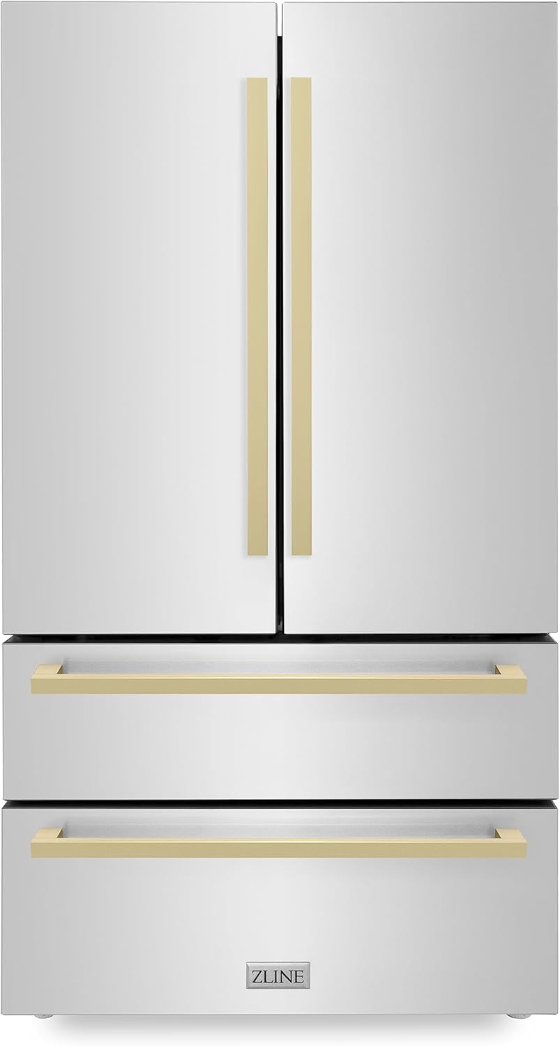 ZLINE Autograph Edition 36 in. 22.5 cu. ft. Counter-Depth French Door Refrigerator with Ice Maker in Fingerprint-Resistant Stainless Steel with Champagne Bronze Modern Handles (RFMZ-36-FCB)