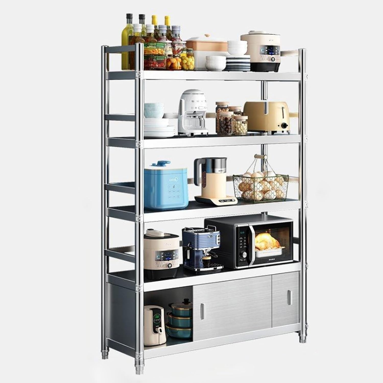 Wall Cabinet with Doors for Kitchen Wall Cabinets Storage, Wall Mount Cabinets for Kitchen, Multi-Tier Floor-Standing Storage Rack with Guardrails, Kitchen Wall Cabinet Organizer with Sliding Door,5-
