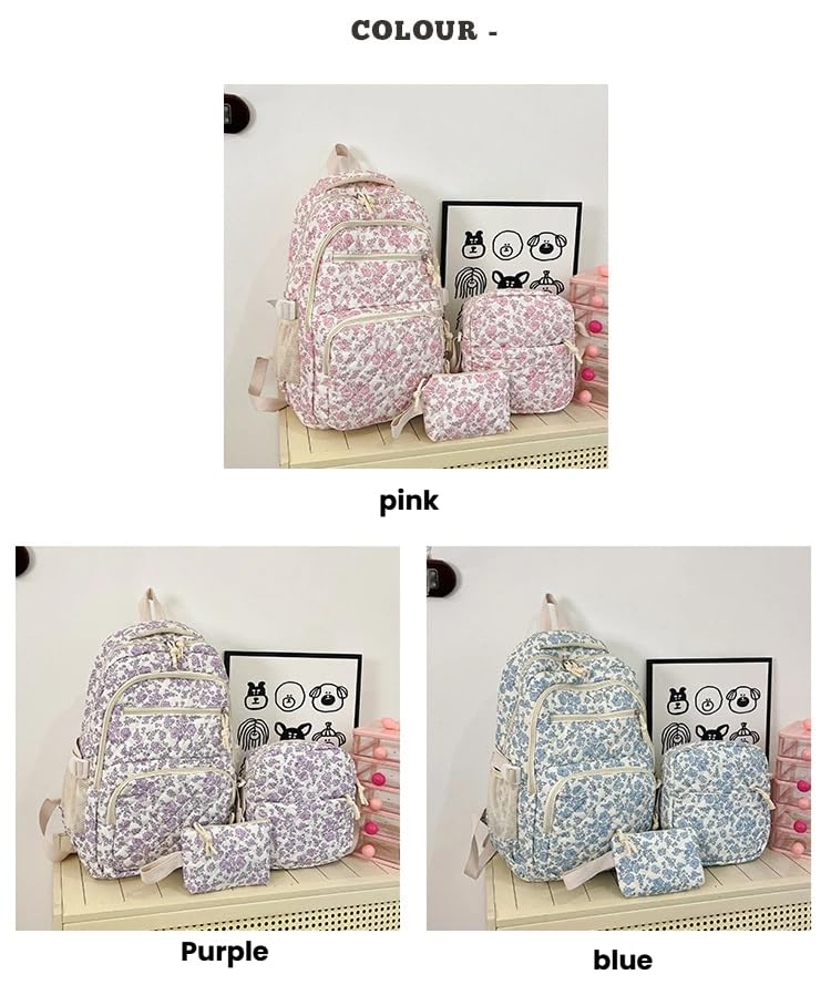 Floral Pattern Backpack Set, 3-Piece Travel Bag Collection with Lunch Box, Lightweight Cloth Material, 16.9 inch Height (blue)3