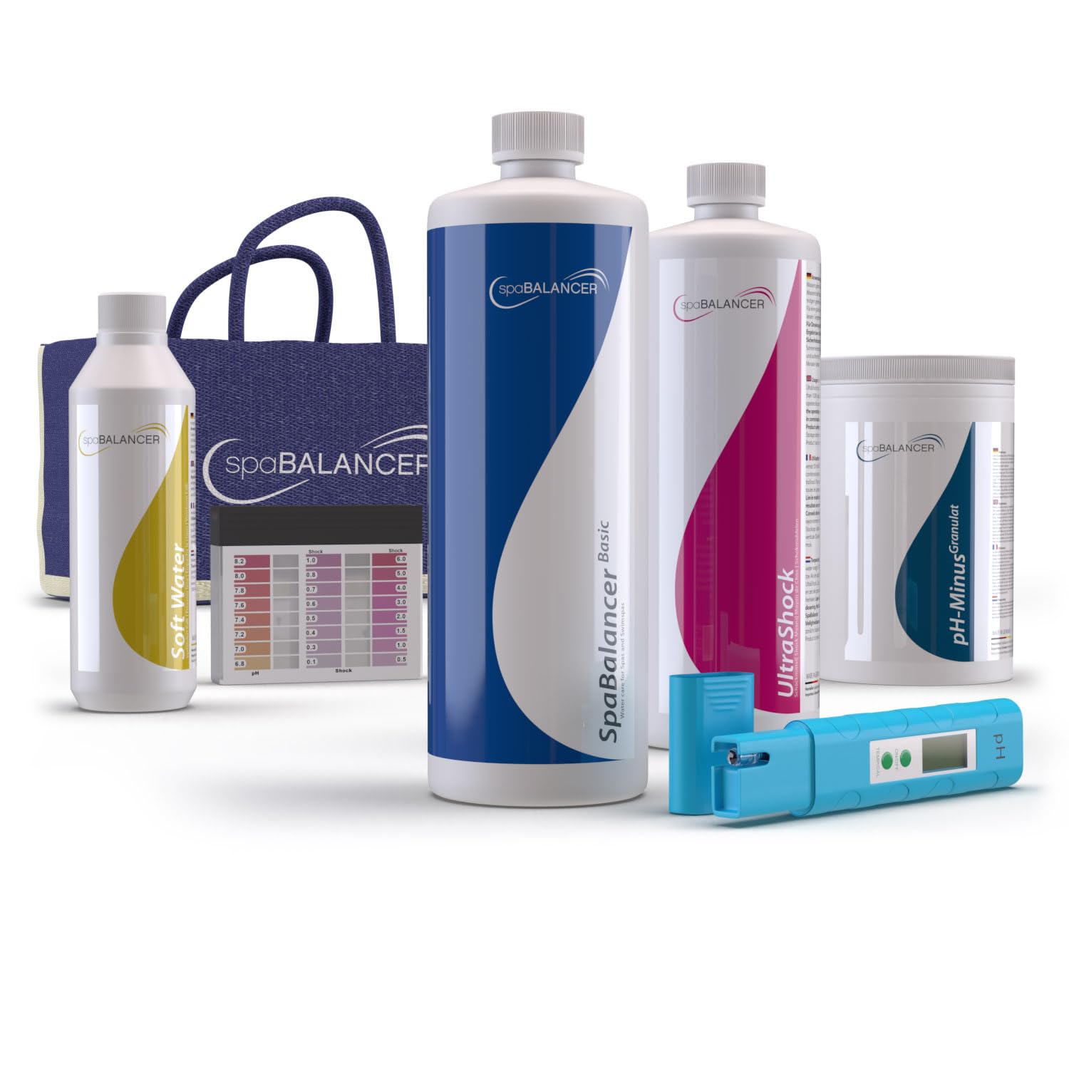 SpaBalancer StarterSet 2 Wasserpflege Komplettset für Badezuber und Sandfilteranlagen, chlorfrei, mit Basic, UltraShock, SoftWater, pH-Minus Granulat, pH-Tester und Pooltester in Jute-Tasche