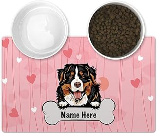CafeTime Custom Pet Feeding Mat with Funny Dog Bernese Mountain Dog Peeking Heart Pink Background, 10