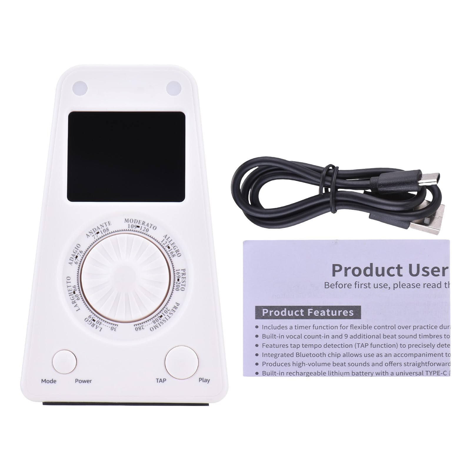 Dilwe Metrónomo Electrónico, Sintonizador de Metrónomo Digital Recargable para la Guitarra de Piano Drum Guzheng (WHITE)