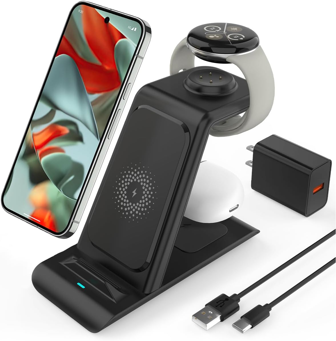 Upgraded 3 in 1 Wireless Charger for Google Pixel Watch 3/2, for Pixel 10/10 Pro/10 Pro XL/9 Pro/9/Fold/8,Pixel Buds Pro 2/Pro,Wireless Charging Station for Multiple Devices (Not for Pixel Watch 4/1)