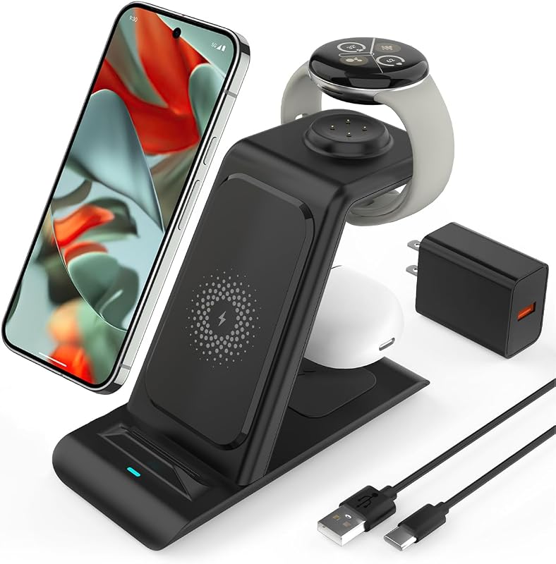 Google Wireless Charging Station,Wireless Charger for Pixel 10/Pixel Watch | 3-in-1 Wireless Charger Stand for Pixel 10/Pro XL/Fold/9,Pixel Watch 3/2&Bud,Fitbit Versa 4/3[Not for Google Watch 4/1]