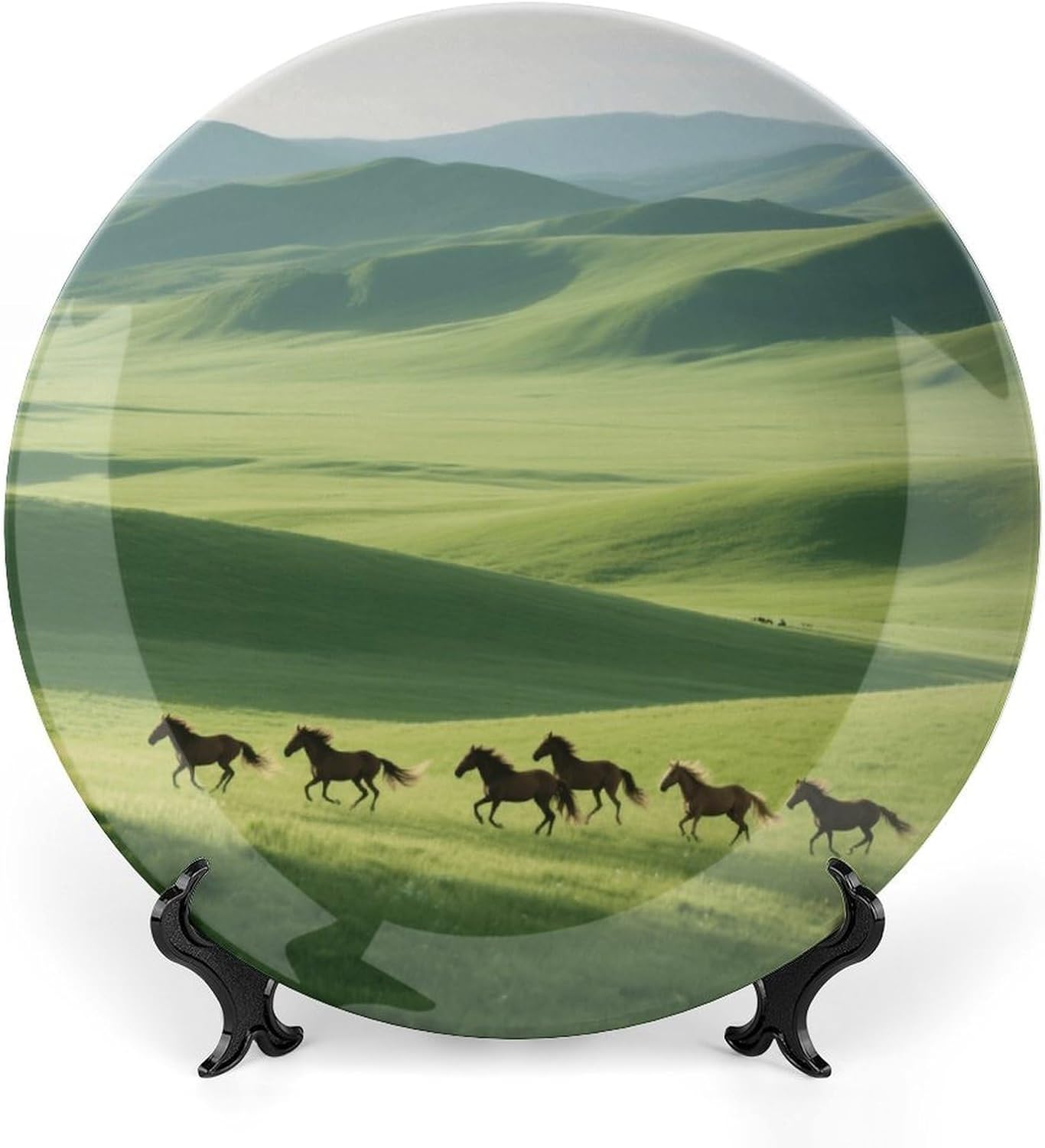 Bone China Decorative Plates Grassland Horses Ceramic Decorative Plate Wall Decor with Display Stand Ceramic Ornaments for Wall Hanging Decoration
